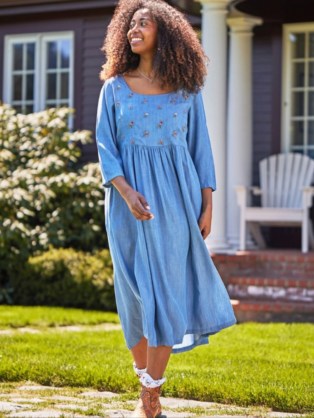April Cornell Autumn Field Dress Embroidered Rayon Midi Size XL Chambray Boho